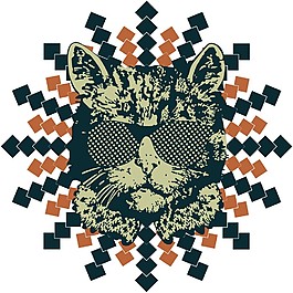 印花矢量圖 動物 貓 色彩 墨綠色 免費素材