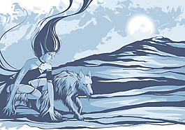 印花矢量圖 動(dòng)物 狼 人物 少女 免費(fèi)素材