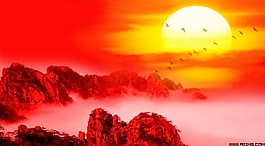 高山太陽紅色背景