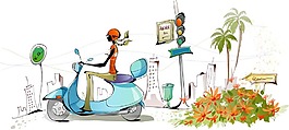 印花矢量圖 人物 女人 交通 摩托車 免費素材