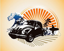 印花矢量图 交通 汽车 花纹 树 免费素材