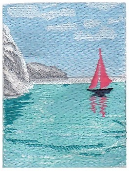 繡花 帆船 大海 白云 小山 免費素材