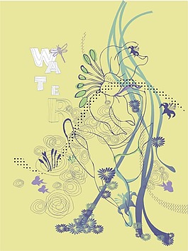 印花矢量图 动物鱼 水 优雅植物 花 免费素材
