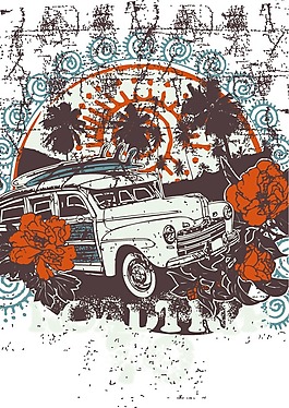 印花矢量圖 交通 汽車 玫瑰花 紅色 免費素材