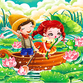 小孩劃船卡通畫
