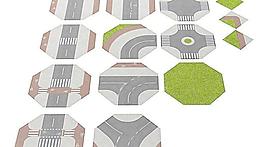 高精细游戏场景 十字马路口 拐弯马路 人行道马路草坪模型 037
