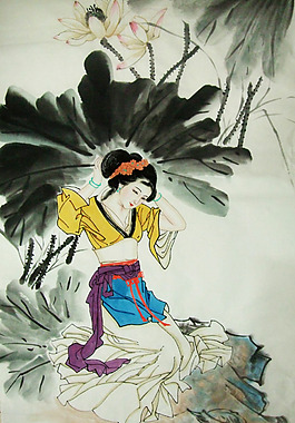 國畫荷花仕女圖