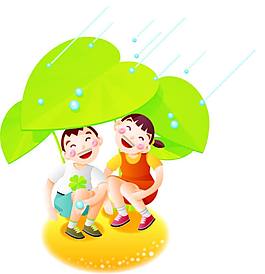 葉子下躲雨的孩子