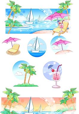手繪夏日海濱風(fēng)景矢量素材