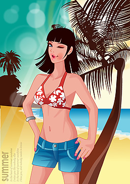 沙灘美女風景插畫