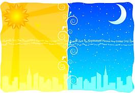 帶有卡通色彩的黑夜白晝城市剪影插畫矢量素材