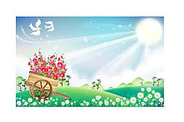 小木車上的花朵矢量素材