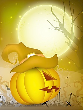 恐怖南瓜穿著巫師帽在萬圣節的晚上