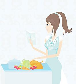 廚房烹飪女孩矢量素材