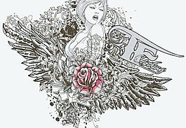 黑白線描美容時尚花紋矢量素材