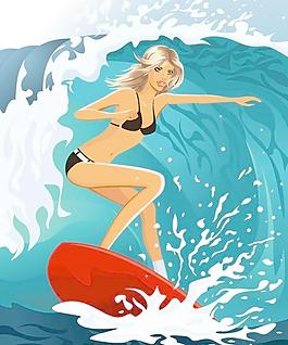 海上沖浪美女矢量素材