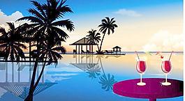 海濱度假酒店的黃昏風(fēng)景矢量素材