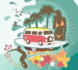 夏天的海邊旅游主題潮流插畫矢量素材