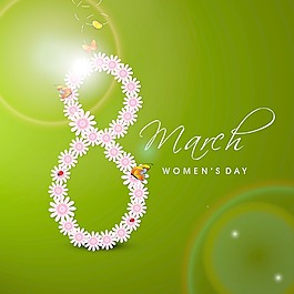 三八婦女節(jié)賀卡或海報(bào)與時(shí)尚的文本第八三月由綠底粉紅色花的裝飾設(shè)計(jì)
