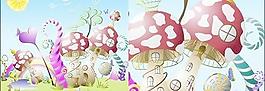 蘑菇可愛的童話世界矢量素材