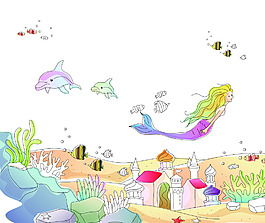 美人魚 房屋 小魚 海豚
