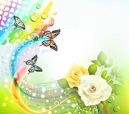 五顏六色的花朵和蝴蝶的背景矢量05