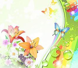 五顏六色的花朵和蝴蝶的背景矢量01