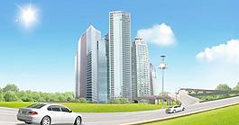 精美韓國(guó)房地產(chǎn)PSD分層素材:公路 汽車 高樓 天空 草地 下載