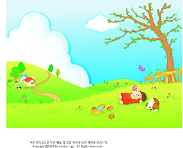 躺在草地上看天空的小孩和狗