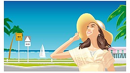 海邊戴太陽帽的女孩插畫
