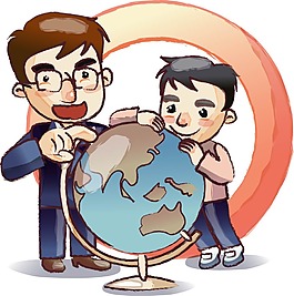 老师和学生抱着地球仪讲地理