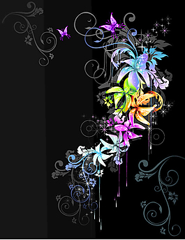 紫色蝴蝶和炫彩花朵藤蔓插畫