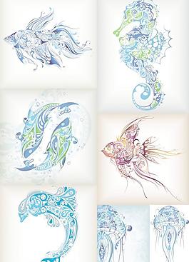 精致花紋海洋生物矢量圖