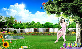 綠茵花園休閑美女psd分層模板