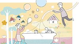 大樹和湖泊上的小船孩子