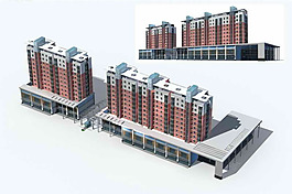 高层住宅楼带裙楼建筑群3D模型设计