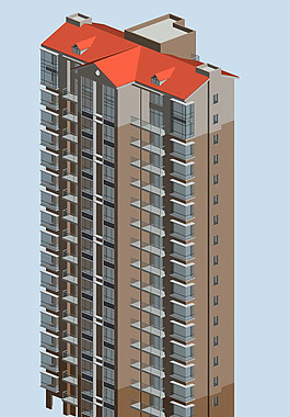 红屋顶高层住宅建筑3d模型