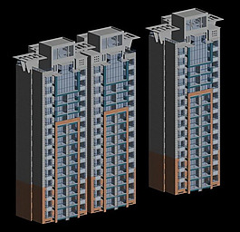 幾何形屋頂3D高層住宅建筑模型