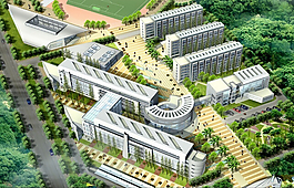 现代学校建筑群鸟瞰效果图设计