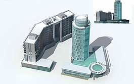 圆柱形高层带裙楼商业大厦建筑群3D模型