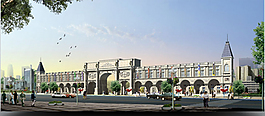 临街建筑与行人效果图