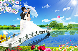 婚紗模板自然風景夢幻唯美春夏秋冬山水畫