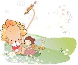 獅子陪伴下讀書的女生圖片