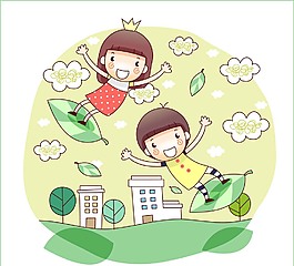 踩著樹葉滑行的孩子圖片