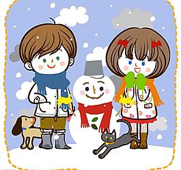 堆雪人的男孩女孩圖片