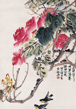 山中發紅萼 雀鳥花間弄