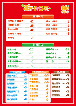漢堡店價目表
