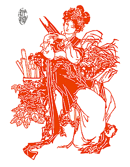 線描仕女吹笙