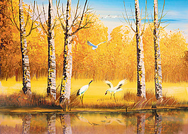 白桦林风景油画