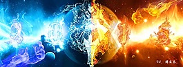 由水火兩種顏色為色調完成的海報